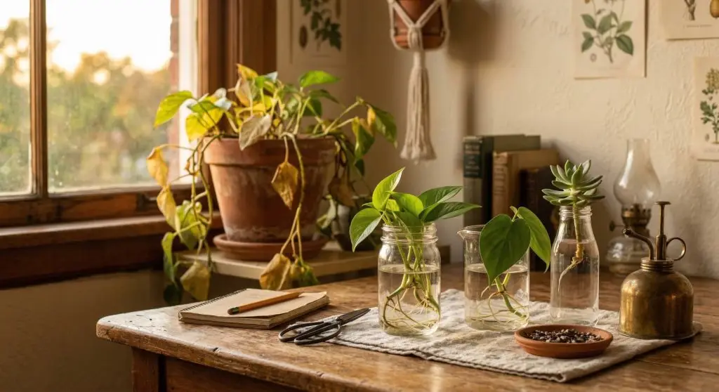 Houseplant cuttings propagating in glass jars beside a struggling indoor plant