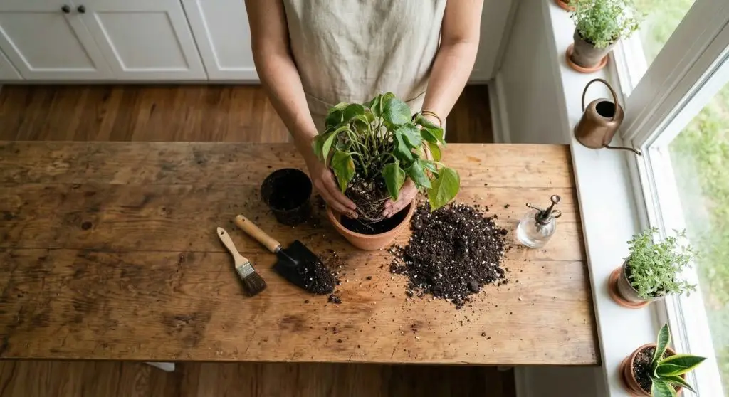 Person repotting a struggling indoor plant into fresh potting mix