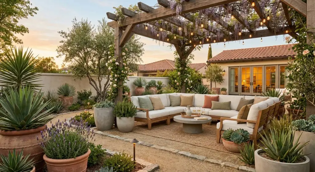 Spring backyard oasis with gravel landscaping, cozy outdoor seating, oversized planters, and drought-tolerant plants.