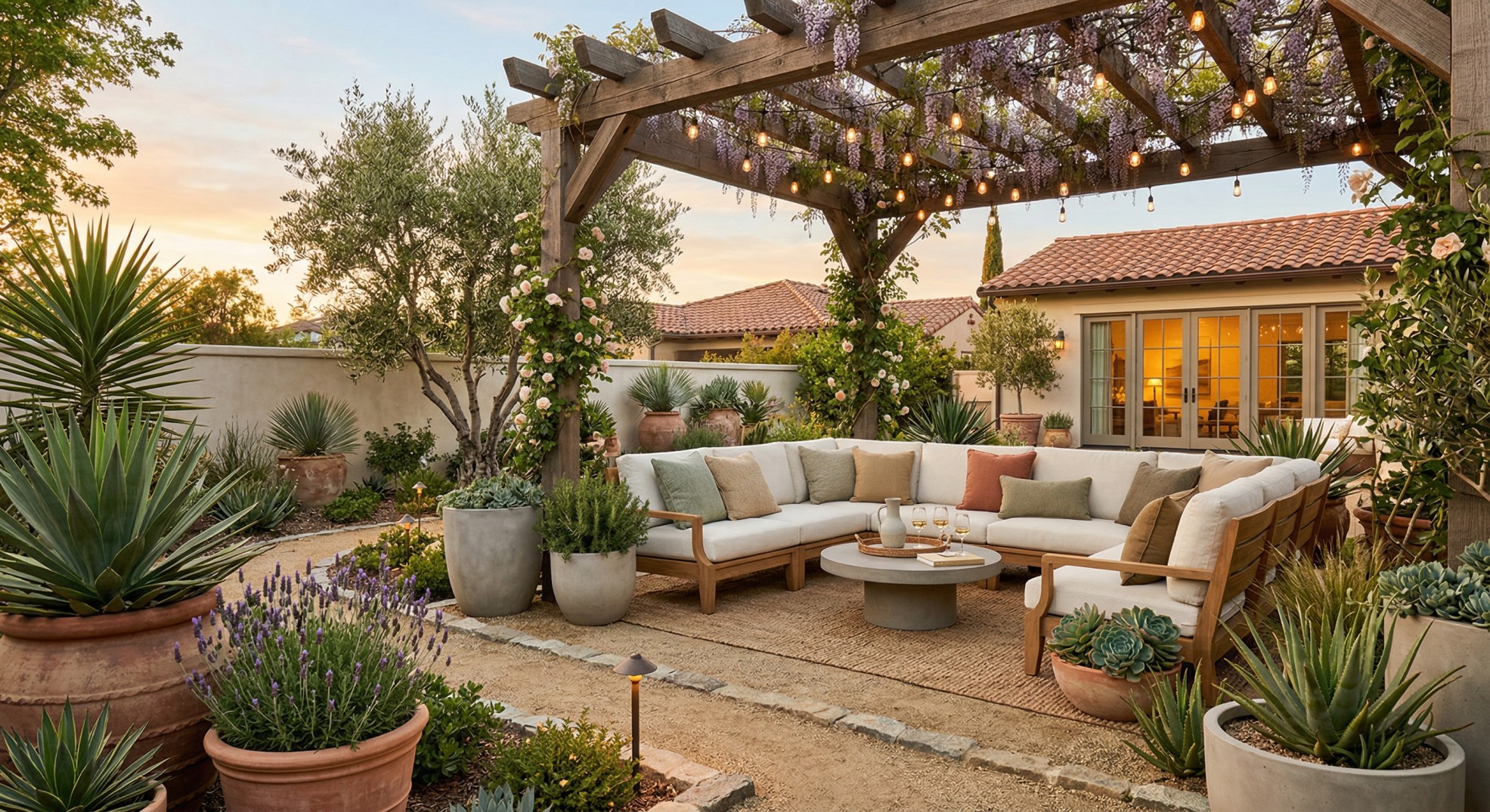 Spring backyard oasis with gravel landscaping, cozy outdoor seating, oversized planters, and drought-tolerant plants.