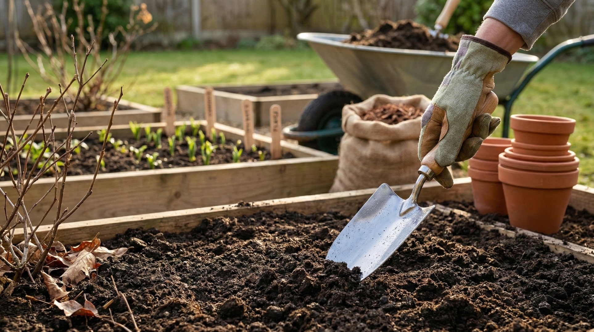 Gardener preparing spring garden bed with compost, mulch, and hand tools in a sunny backyard.