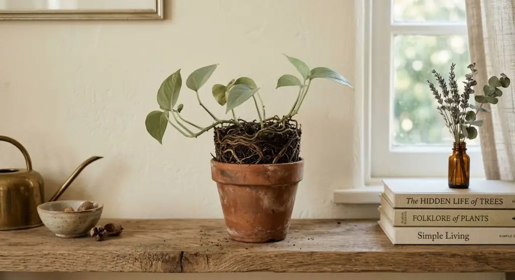 Small indoor plant with stunted growth in an overcrowded pot