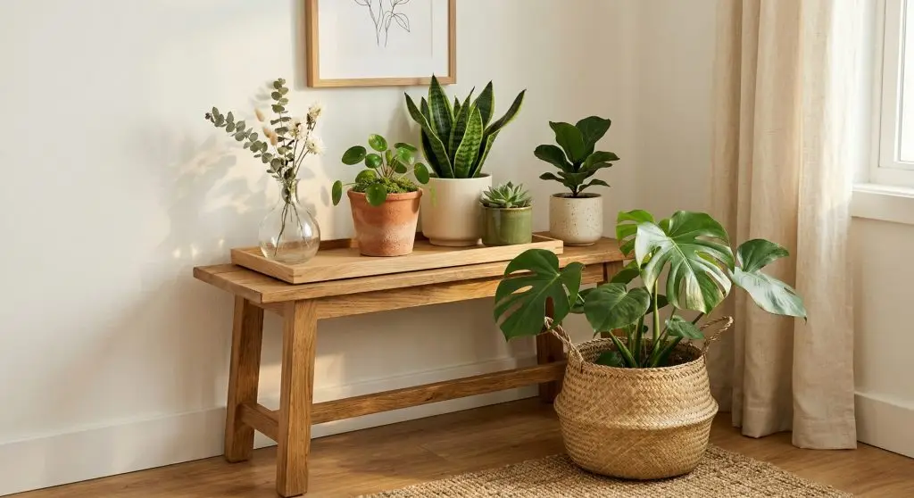 Indoor plant display with plant stands, matching pots, baskets, and a glass vase for a cohesive styled look.