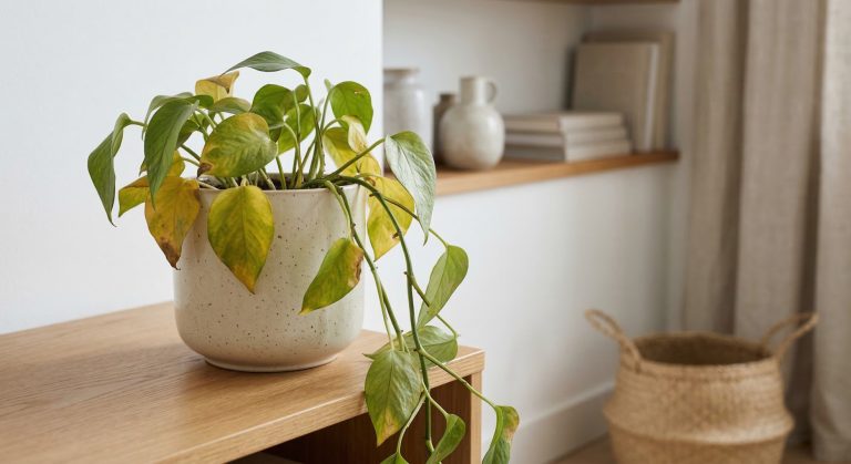 Unhealthy indoor plant with yellow leaves and drooping stems in a bright modern living room