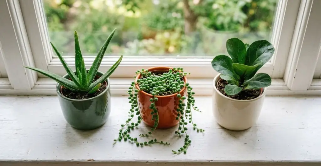 Three glazed ceramic plant pots in sage green, terracotta, and cream on a sunny windowsill, each holding a different houseplant