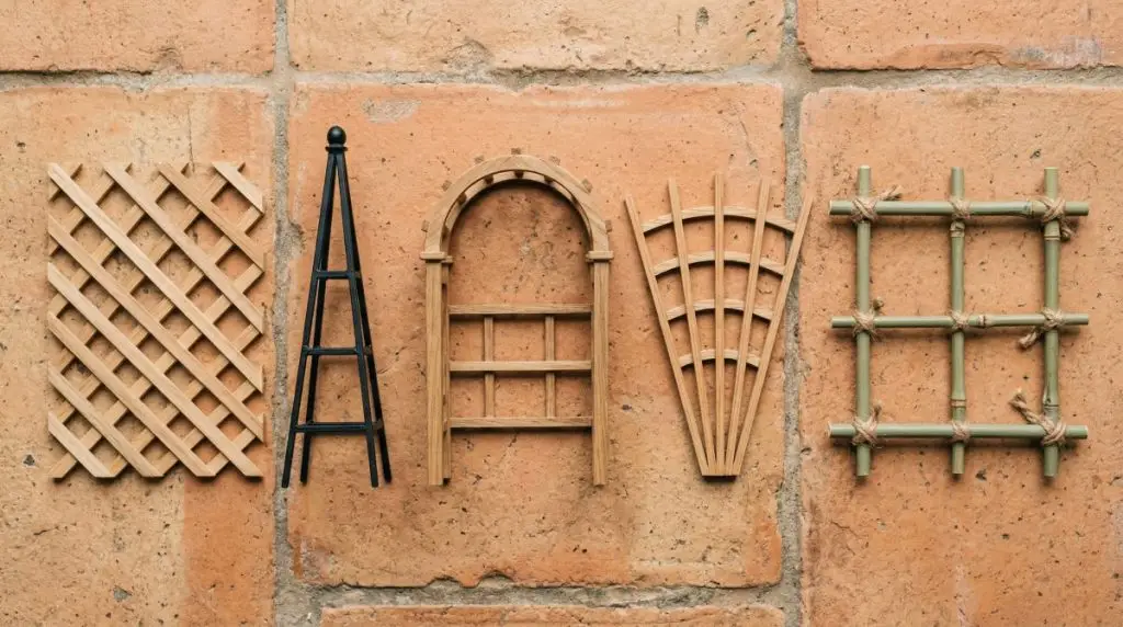 Five different types of garden trellises arranged side by side on a terracotta surface, showing lattice, obelisk, arch, fan, and bamboo styles