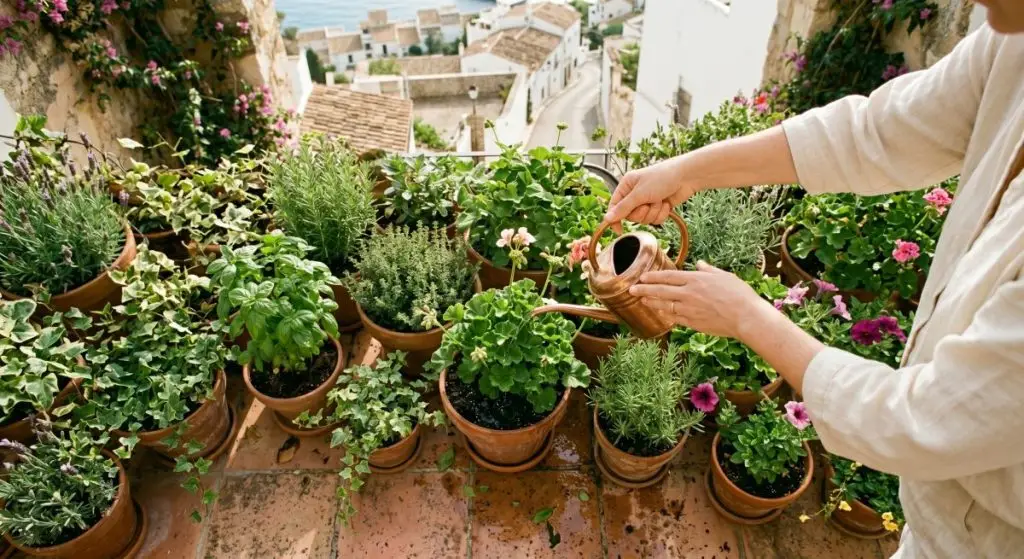 Hands watering green potted plants in terracotta pots on a sunny terrace, morning summer light, how to water plants in summer