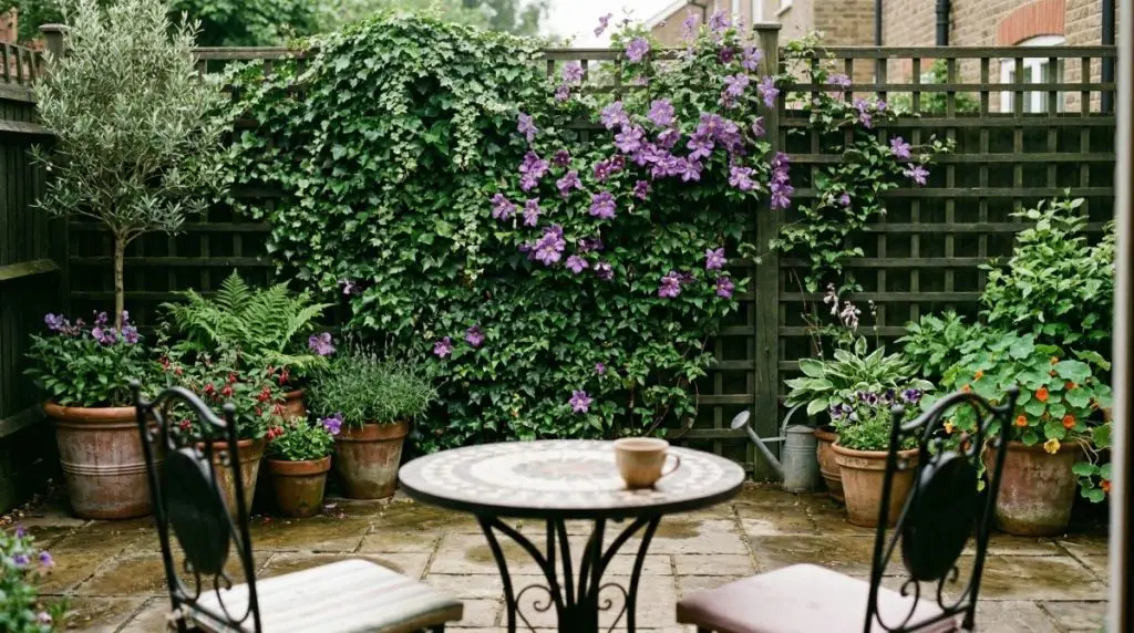 Tall dark wooden trellis covered in green ivy and purple clematis acting as a garden privacy screen behind a bistro table