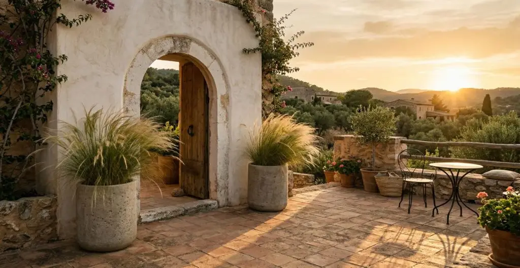 Two large concrete planters with ornamental grass flanking a Mediterranean archway doorway on a sunlit terracotta-tiled patio