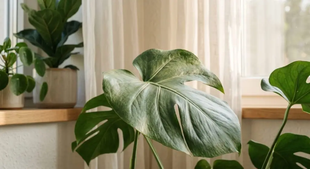 Green plant leaves diffused by sheer white curtain, soft afternoon light, protecting indoor plants from summer heat
