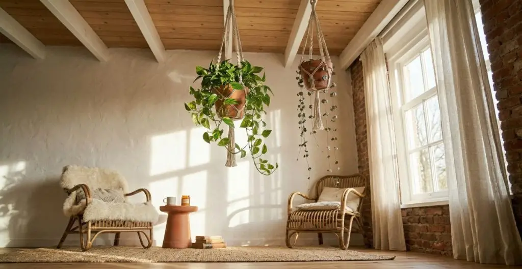 Two macramé hanging planters with trailing pothos and string of hearts in a warm boho living room corner — indoor plant pot styling ideas