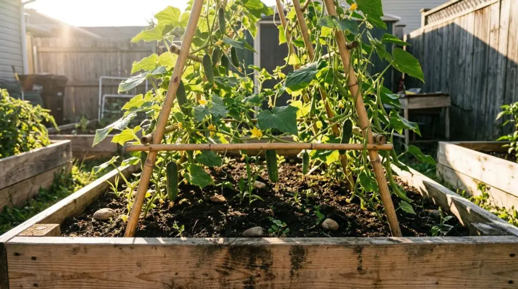 Bamboo A-frame trellis in a raised garden bed with cucumber and pole bean vines climbing upward in morning sunlight