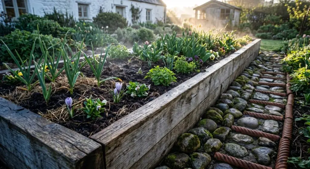 Low angle view of raised wooden garden bed with organic mulch and lush green plants, morning mist, summer garden care