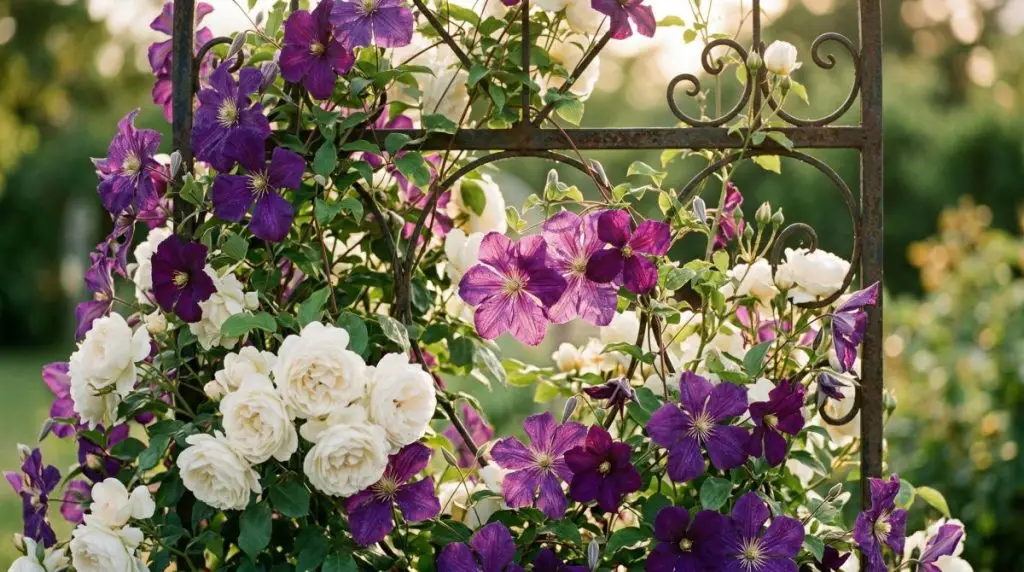 Iron trellis covered in purple clematis and white climbing roses photographed from below in golden afternoon light