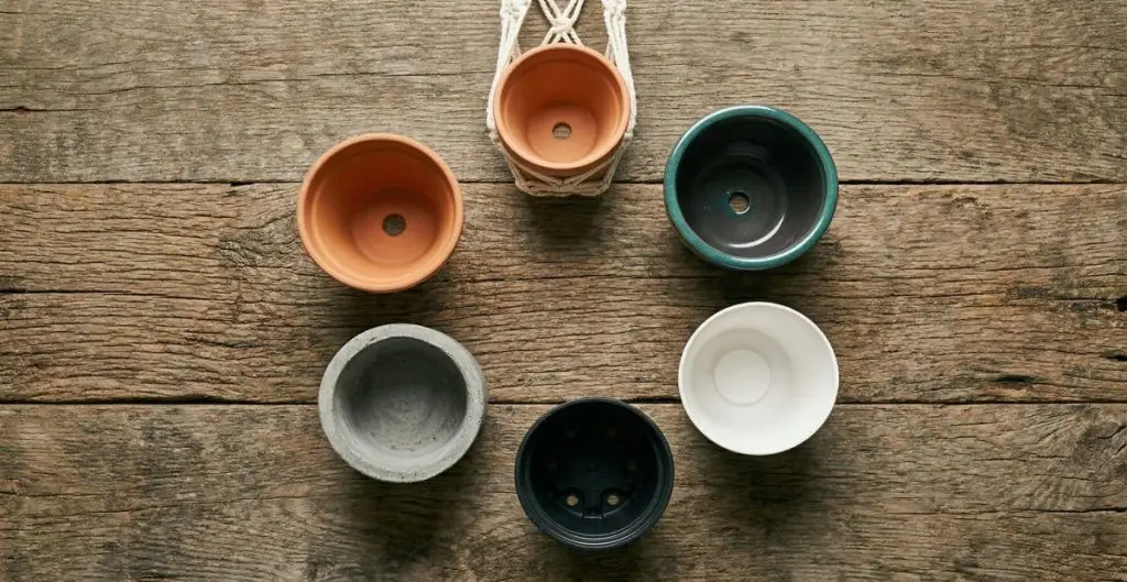 Six different types of plant pots arranged in a flat-lay comparison on rustic wood — terracotta, ceramic, concrete, plastic, self-watering, and hanging