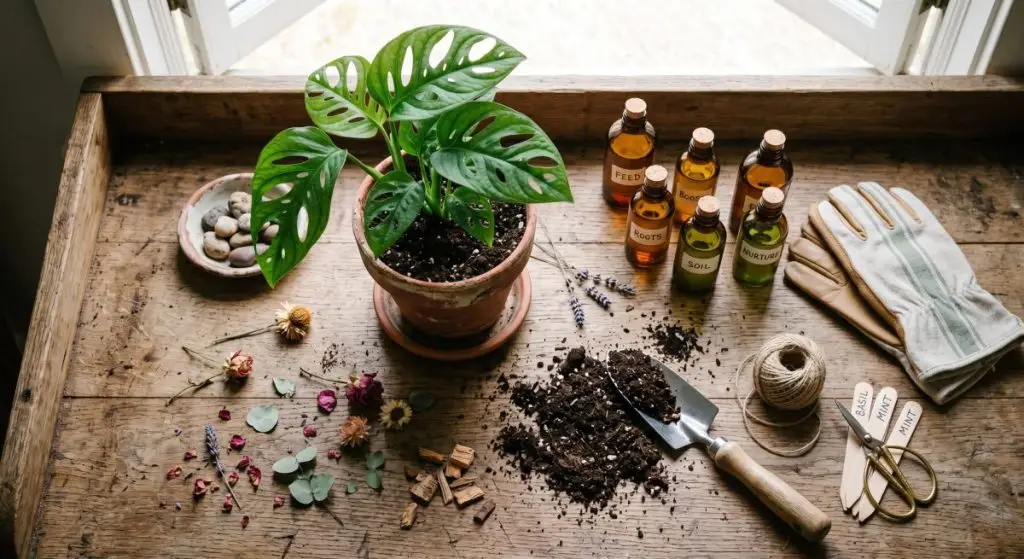 Flat lay of plant fertilizer, terracotta pot, gardening gloves on wooden table, natural light, summer plant feeding