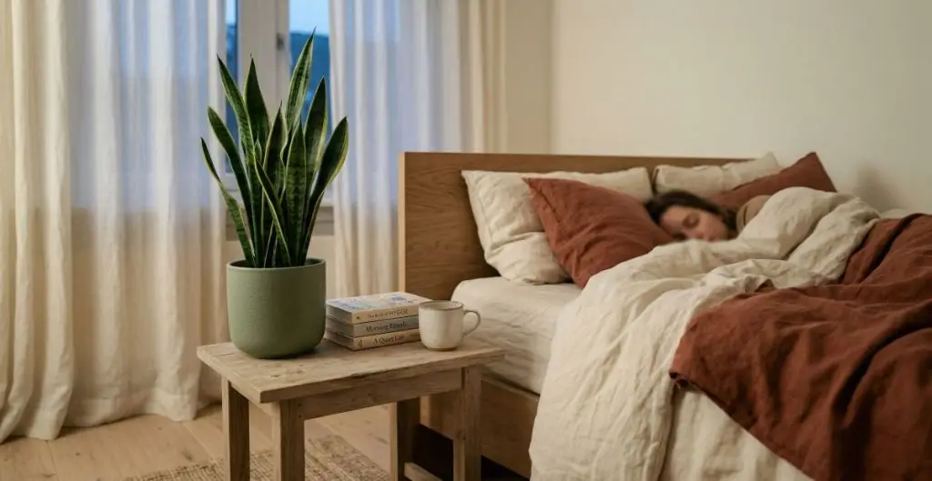 A tall snake plant in a matte sage green ceramic pot on an oak nightstand beside a bed with cream linen bedding — bedroom plant pot placement ideas