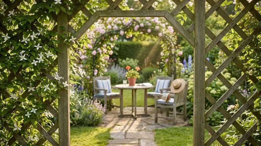 Garden trellis covered in white flowering vine used as a room divider creating a hidden seating area visible through the lattice