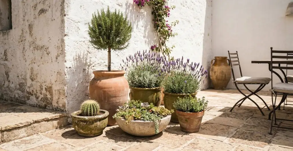 A cluster of terracotta, concrete, and ceramic plant pots at varying heights on a Mediterranean stone patio with lavender and rosemary