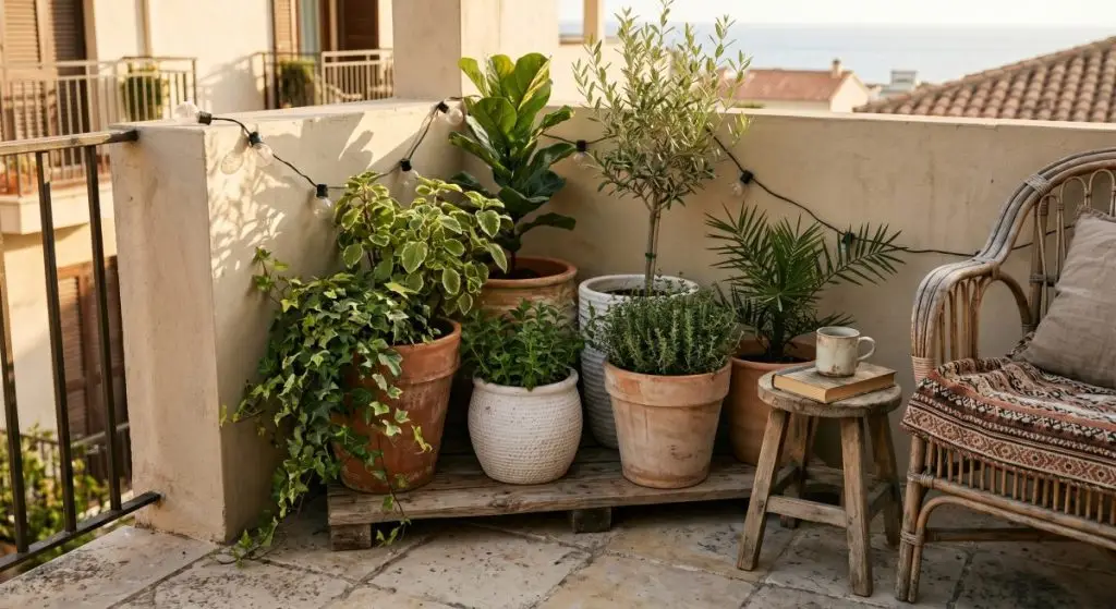 Clustered terracotta and ceramic plant pots on a sunny balcony corner, golden afternoon light, grouping plants in summer