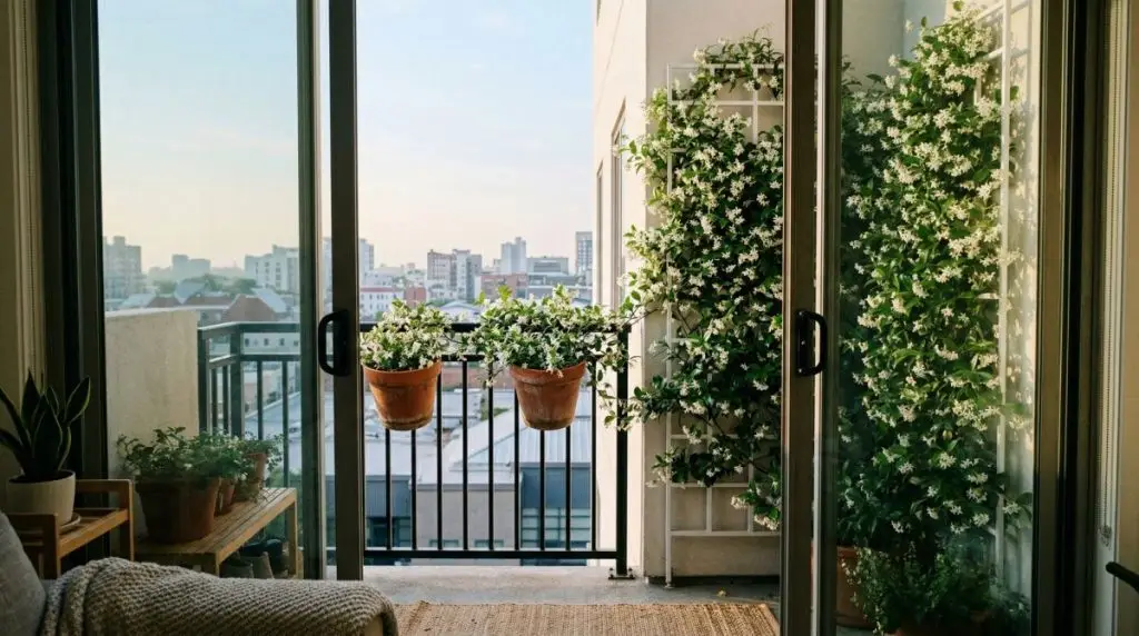 White wall-mounted trellis on an apartment balcony covered in jasmine vines with terracotta pots and city skyline in background