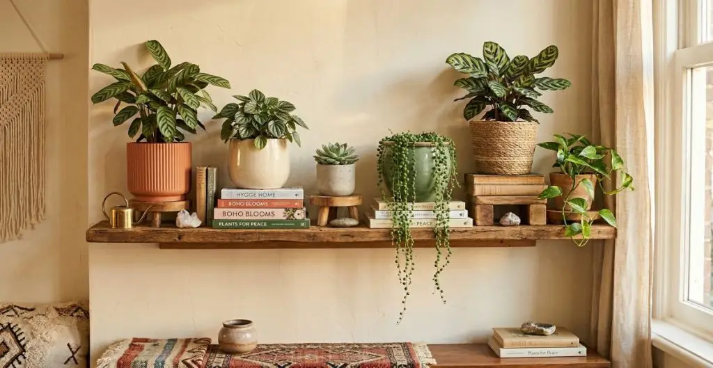 A styled wooden wall shelf with six plant pots at different heights — terracotta, ceramic, concrete, and basket pots with mixed houseplants