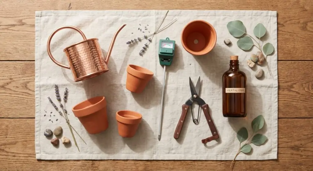 Flat lay summer gardening tools: copper watering can, pruning shears, moisture meter, fertilizer on linen, summer plant care supplies