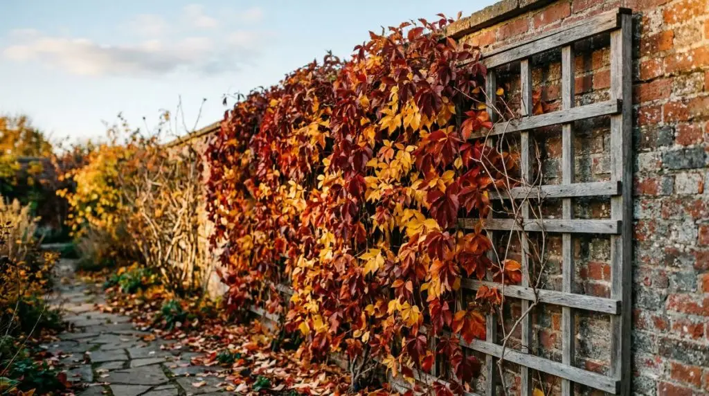 Weathered wooden garden trellis covered in Virginia creeper in full autumn color — crimson red and burnt orange against a pale sky