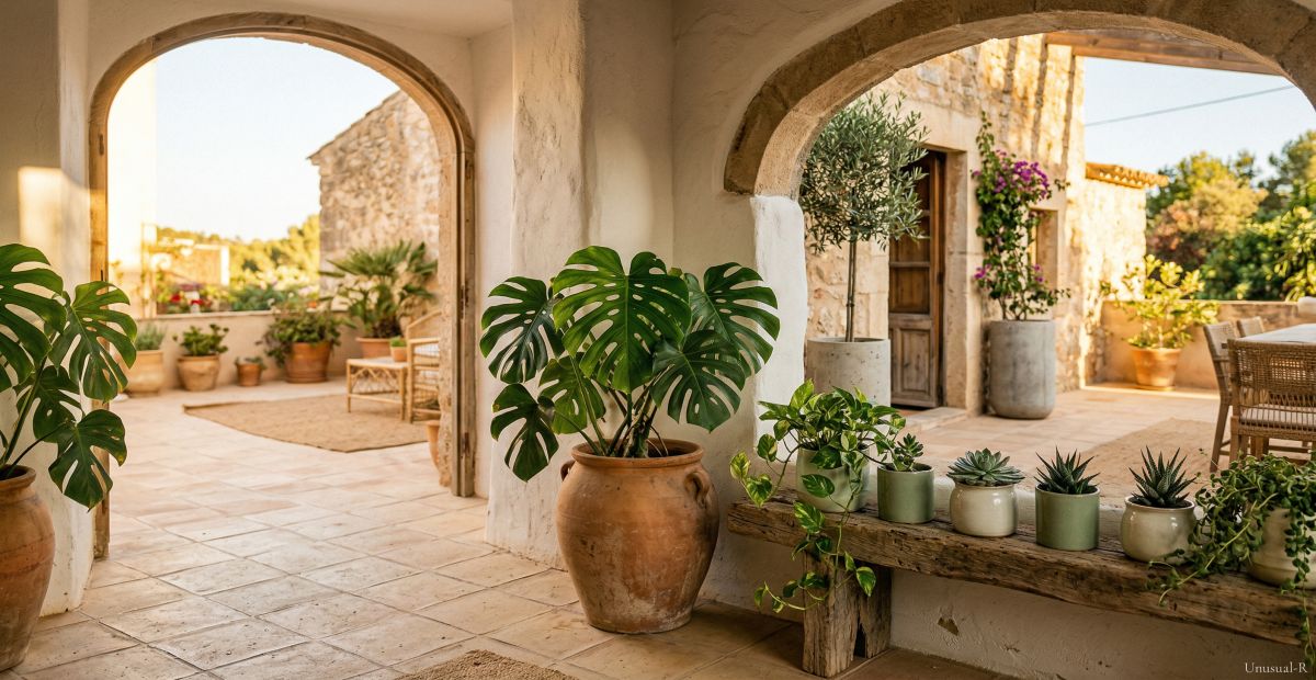 A styled Mediterranean home corner featuring terracotta and ceramic plant pots indoors and outdoors