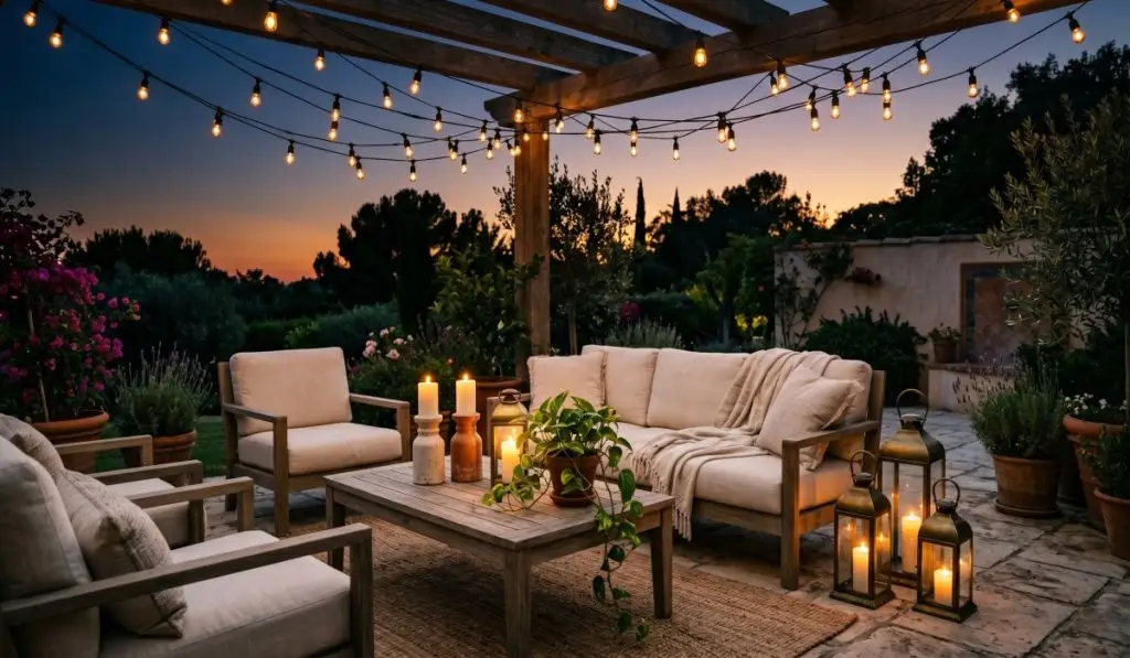 Cozy outdoor patio at dusk with string lights overhead, floor lanterns grouped at different heights, and candles glowing on the coffee table