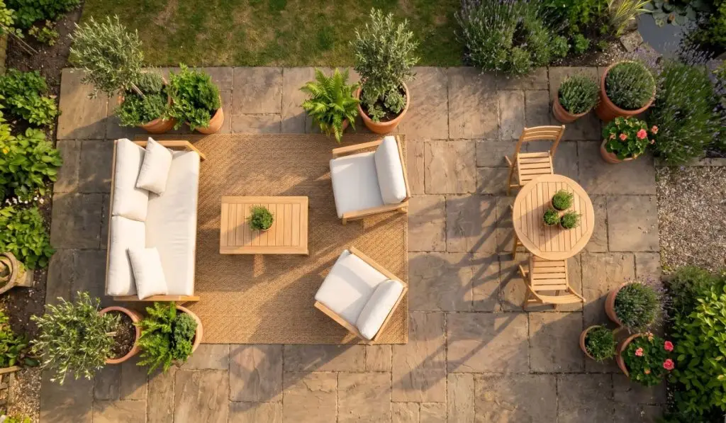 Bird's eye view of a styled patio layout showing two distinct zones — a lounge area with sofa and coffee table, and a small dining corner — connected by a large outdoor rug