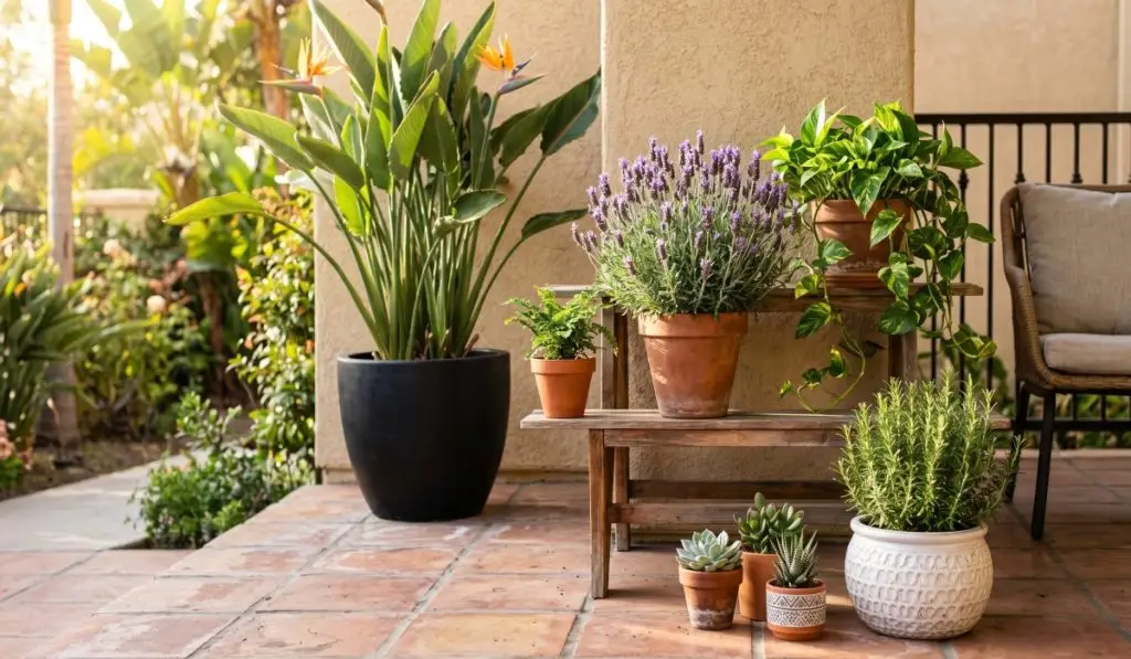 Three-layer outdoor plant display on a patio corner showing tall bird of paradise, medium lavender and ferns, and small succulent pots at varying heights in terracotta containers