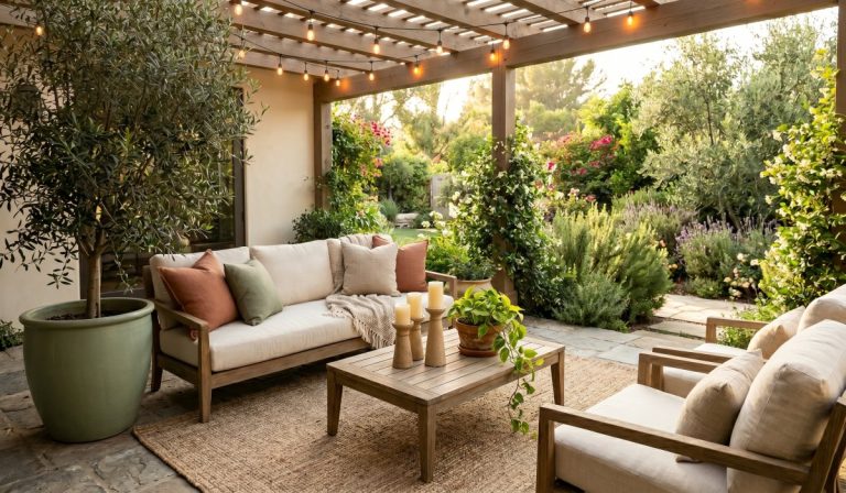 Beautifully styled outdoor living room patio with cream linen sofa, terracotta planters, trailing plants, and string lights at golden hour