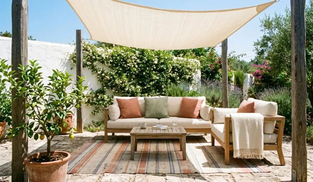 Outdoor patio with a cream linen sail shade overhead casting cool filtered light, deep-cushioned sofa below with terracotta and sage cushions and a folded throw