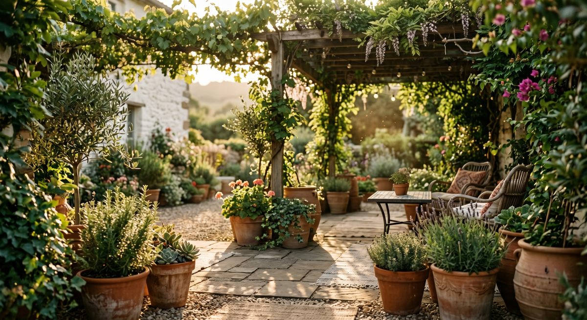 Sun-drenched home garden patio with terracotta pots and healthy green plants in warm golden morning light, summer plant care