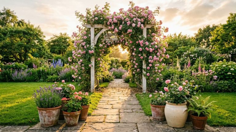 Tall white wooden garden trellis covered in blooming pink climbing roses along a stone garden path at golden hour