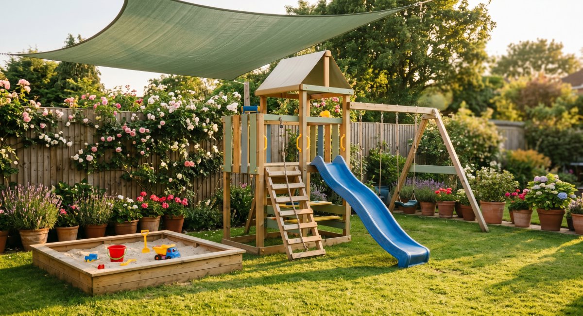 A wide-angle, slightly elevated view of a landscaped backyard play area during the golden hour. A colorful wooden playset with a blue slide and climbing frame sits next to a wooden sandbox. The area is surrounded by a lush green lawn, a wooden fence covered in pink roses, and a large sage green shade sail overhead.