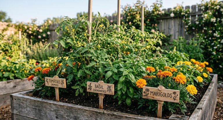Raised garden bed with wooden row markers for tomatoes, basil, and marigolds growing together in early morning light.