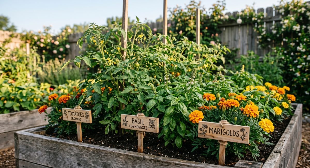 Raised garden bed with wooden row markers for tomatoes, basil, and marigolds growing together in early morning light.