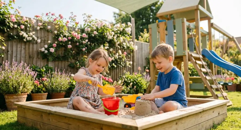 A candid, eye-level portrait lens photograph of two children, aged 3-5, playing inside a wooden-bordered sandbox on a clear summer day. One child is using a yellow scoop while the other builds a sandpile. They wear casual clothes, and fine sand covers their hands. The background is softly blurred with a fence and foliage.