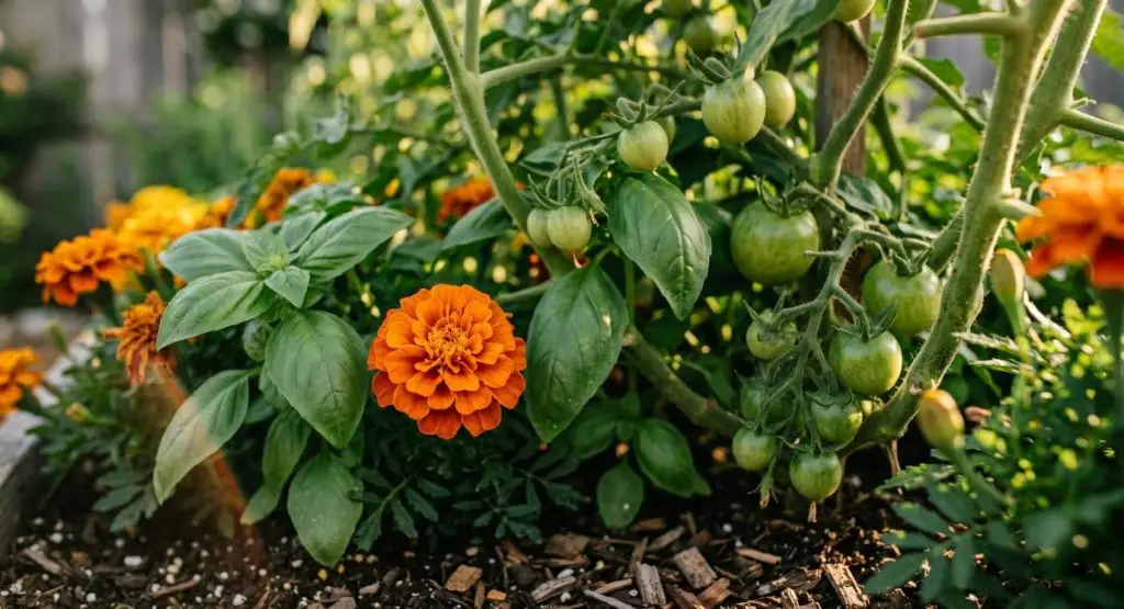 Close-up macro photograph of bright orange marigold flowers and green basil leaves growing tightly between developing tomato stems.