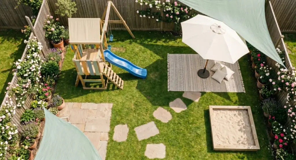 A precise, elevated overhead (drone-style) view of a neat suburban backyard. The yard is divided into three distinct zones: a wooden playset area on grass, a relaxation patio with a cream umbrella and outdoor rug, and an empty wooden-bordered sandbox near a fence. Large flagstone stepping stones connect the areas across a clean lawn.