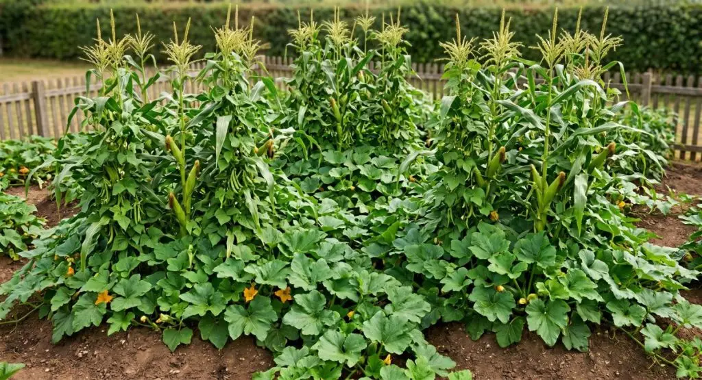 Wide view of a Three Sisters garden showing tall green corn stalks, climbing bean vines, and large squash leaves covering the rich brown soil in bright sunlight.