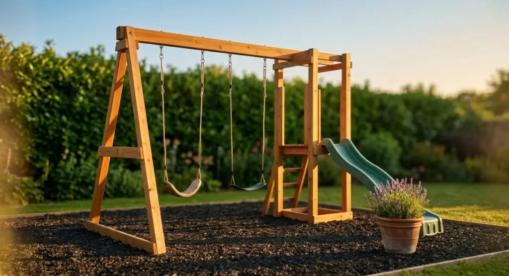 A detailed frontal three-quarter view of a sturdy wooden swing set (cedar wood finish) installed on a dark rubber mulch playground base. It features two empty swings and a small green slide. The scene is illuminated by warm, low late afternoon sunlight casting long shadows. A green hedge forms a soft background.