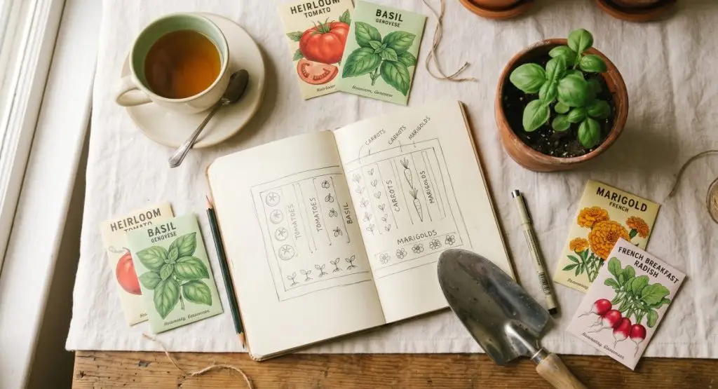 Overhead view of a wooden table with an open notebook showing a hand-drawn garden layout, surrounded by heirloom seed packets, a garden trowel, a cup of tea, and a potted basil plant.