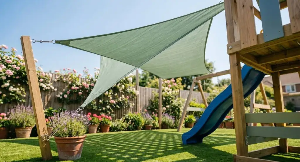 A low-angle view looking upward at a large, taut sage green UV-fabric triangle shade sail. It is attached via stainless steel fixings to wooden posts over an artificial turf play area. The sail casts a geometric dappled light pattern on the ground. A wooden playset structure and a flower garden fence are visible but softly blurred in the background.