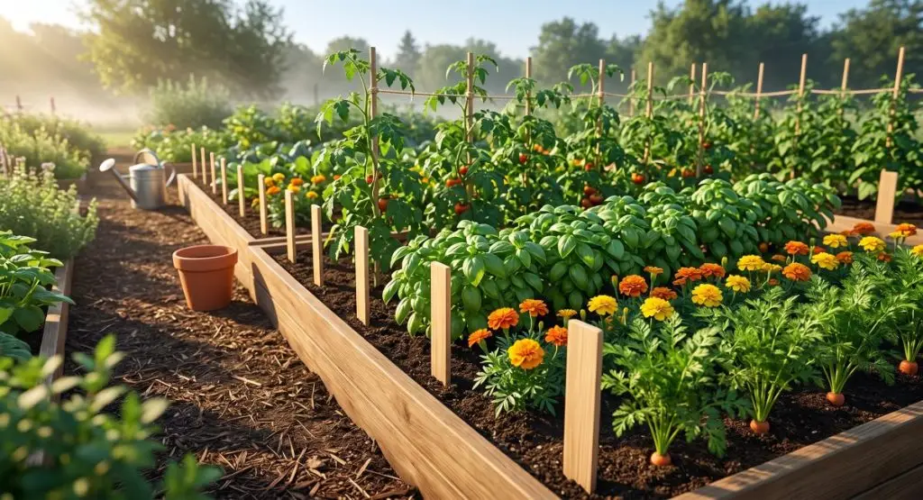 Neatly organized raised garden bed with straight rows of tomatoes, basil, marigolds, and carrots separated by clean wooden row markers in warm morning sunlight.