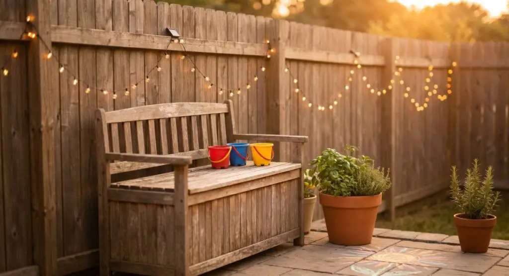 An intimate eye-level photograph looking into a cozy backyard corner during the golden hour just before dusk. A rustic wooden storage bench with colorful buckets on the lid sits against a wooden privacy fence, which is draped with looping solar-powered fairy lights beginning to glow. To the right, a terracotta pot holds blooming lavender. Focus is sharp on the bench and pots.